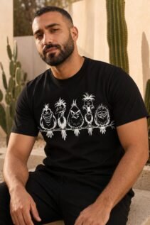 Mann sitzt in schwarzem T-Shirt mit weißem frechen Vögel-Design in einer Wüstenkulisse mit Kakteen, entspannte Lifestyle-Ansicht.