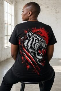 Brüllender Tiger in Schwarz-Weiß mit rotem Splash-Hintergrund auf schwarzem Grund, dynamisches Tiermotiv.