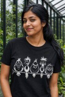 Frau trägt schwarzes T-Shirt mit frechen Vögeln als weißem Grafikmotiv im Gewächshaus, frontale Ansicht, lässiger Streetwear-Look.