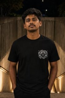 Mann trägt ein schwarzes T-Shirt mit kleinem brüllenden Bär-Motiv auf der Brust, nachts auf einer Treppe mit warmem Licht.