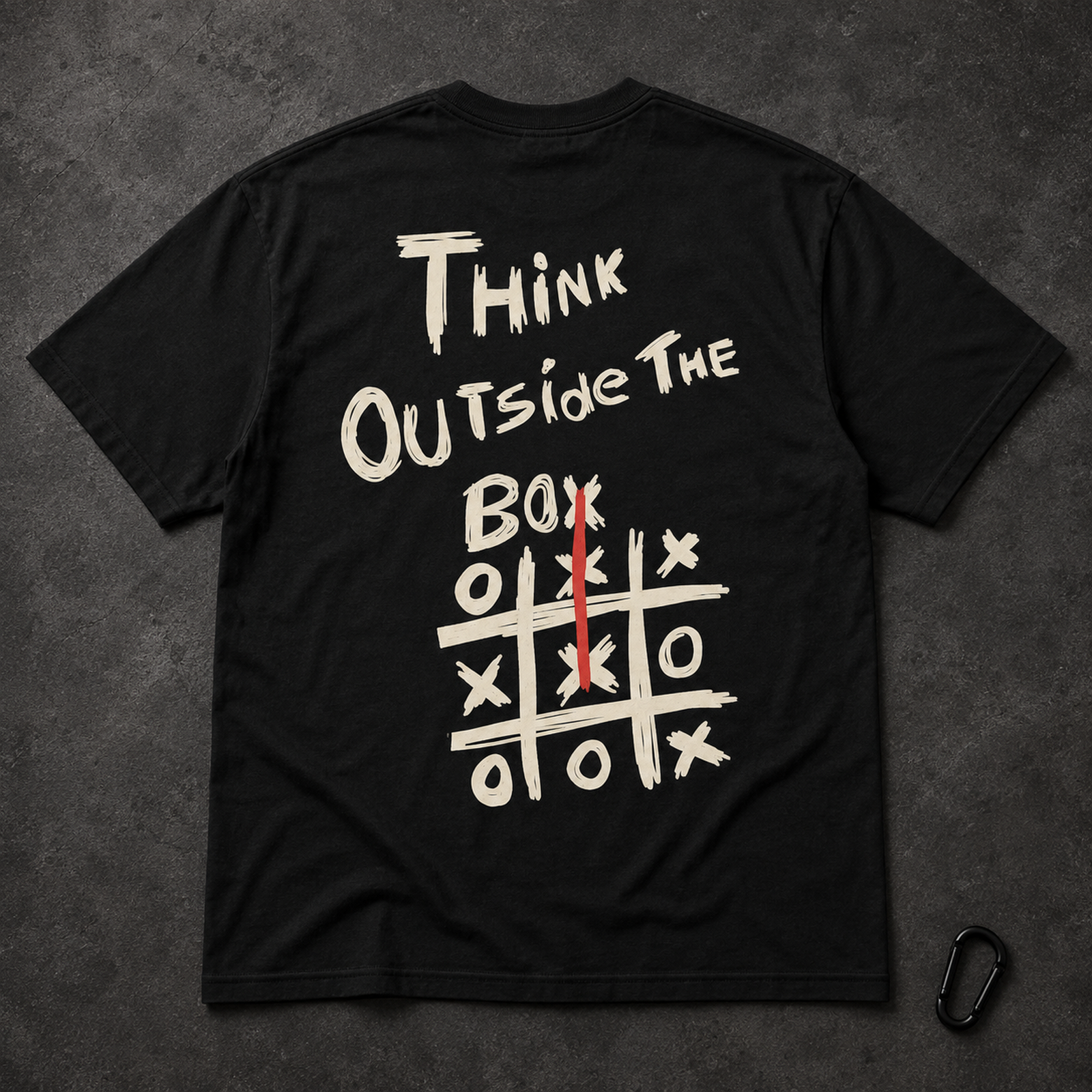 Schwarzes T-Shirt liegend auf grauem Untergrund, das Motiv „Think Outside the Box“ in Beige und Rot sowie ein kleines Karabinerelement unten rechts.
