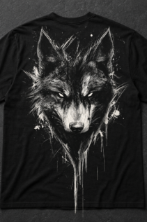 Schwarzes T-Shirt mit zentralem Wolfskopf in Schwarzweiß und langen Farbtropfen, daneben eine Kette auf dunklem Hintergrund.