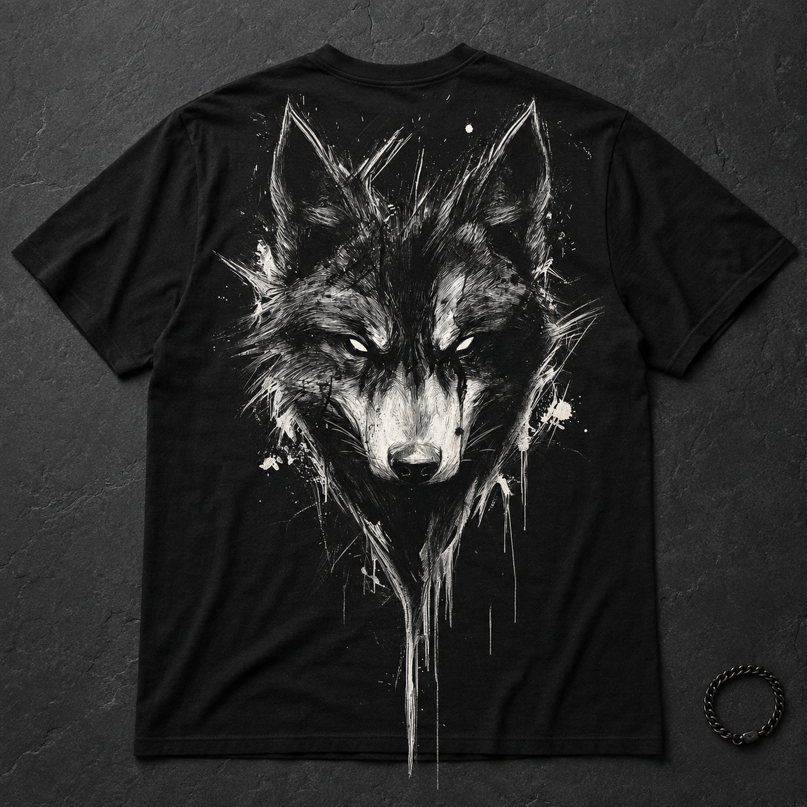 Schwarzes T-Shirt mit zentralem Wolfskopf in Schwarzweiß und langen Farbtropfen, daneben eine Kette auf dunklem Hintergrund.