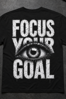 Schwarzes T-Shirt mit weißem Focus Your Goal Print, zentriertes Auge und abgenutzte Schrift, flach auf grauer Oberfläche präsentiert.