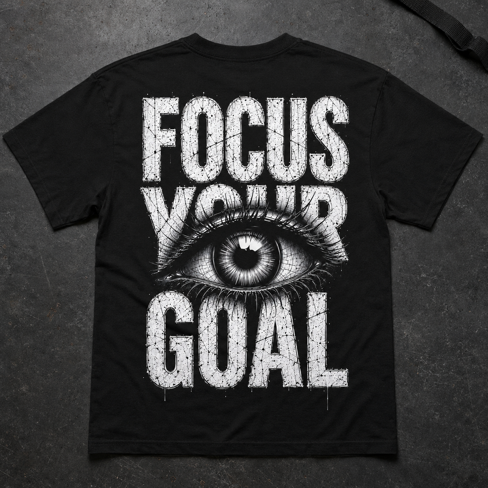 Schwarzes T-Shirt mit weißem Focus Your Goal Print, zentriertes Auge und abgenutzte Schrift, flach auf grauer Oberfläche präsentiert.
