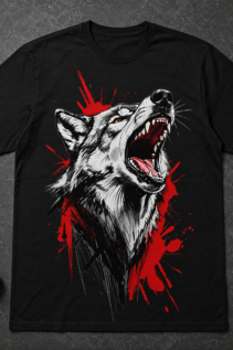 Schwarzes T-Shirt liegend auf grauer Fläche, daneben ein kleines schwarzes Accessoire; großes heulendes Wolf-Motiv in Weiß, Schwarz und Rot.
