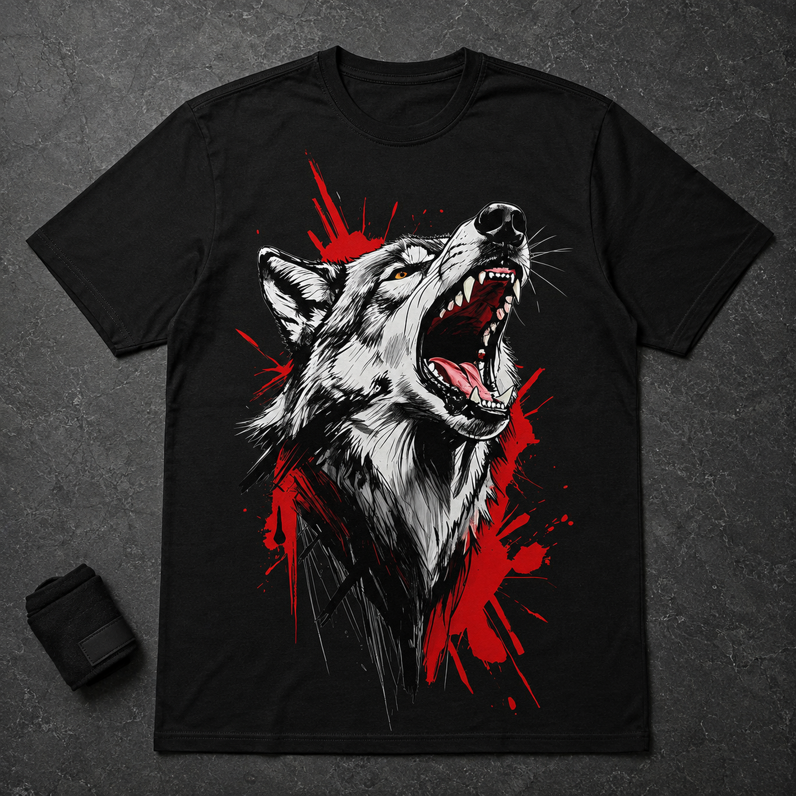 Schwarzes T-Shirt liegend auf grauer Fläche, daneben ein kleines schwarzes Accessoire; großes heulendes Wolf-Motiv in Weiß, Schwarz und Rot.