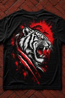 Schwarzes Tiger T-Shirt flach ausgelegt mit rotem Splash-Design und großem brüllendem Tiger-Motiv auf dunklem Untergrund.