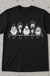 Schwarzes Unisex T-Shirt flach ausgelegt mit weißem frechen Tiermotiv aus fünf Vögeln auf einem Ast auf hellem Steinboden.
