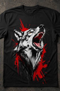 Schwarzes T-Shirt flach auf dunklem Untergrund, mit zentralem Motiv eines heulenden Wolfs in Schwarzweiß und Rot.