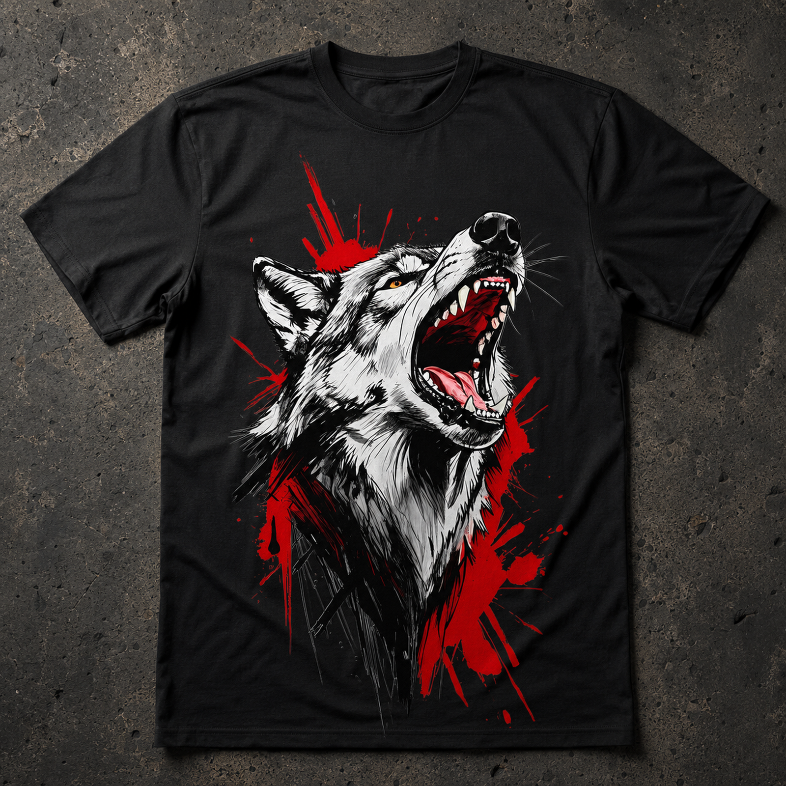 Schwarzes T-Shirt flach auf dunklem Untergrund, mit zentralem Motiv eines heulenden Wolfs in Schwarzweiß und Rot.