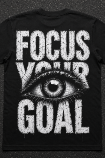 Schwarzes T-Shirt mit großem weißem Focus Your Goal Motiv, grunge Grafik mit Auge und ausgefranster Typografie, flach auf dunklem Untergrund liegend.
