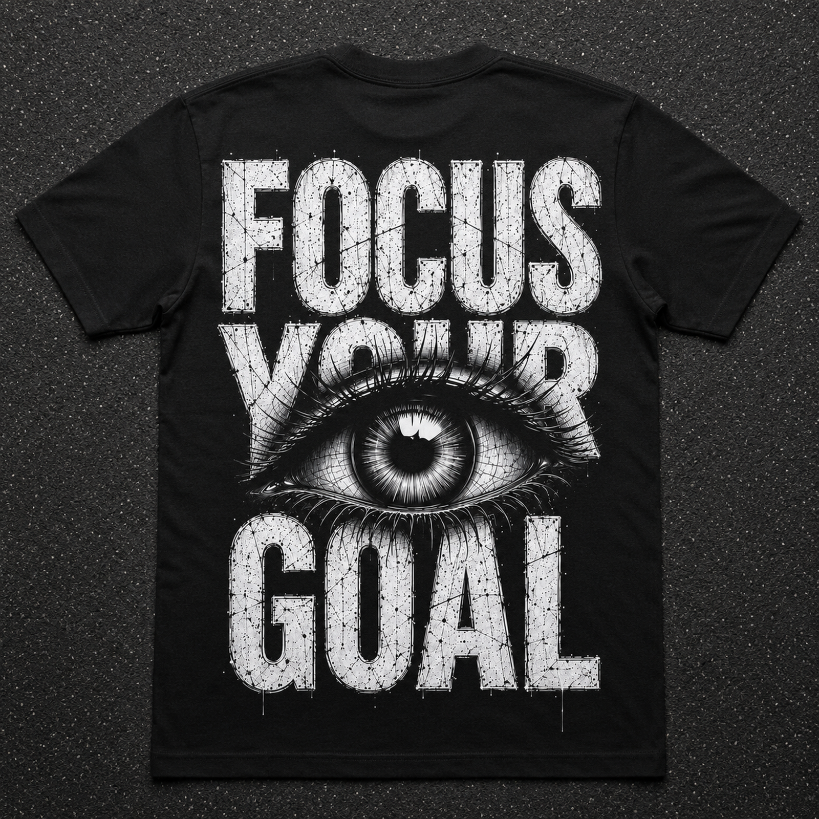 Schwarzes T-Shirt mit großem weißem Focus Your Goal Motiv, grunge Grafik mit Auge und ausgefranster Typografie, flach auf dunklem Untergrund liegend.