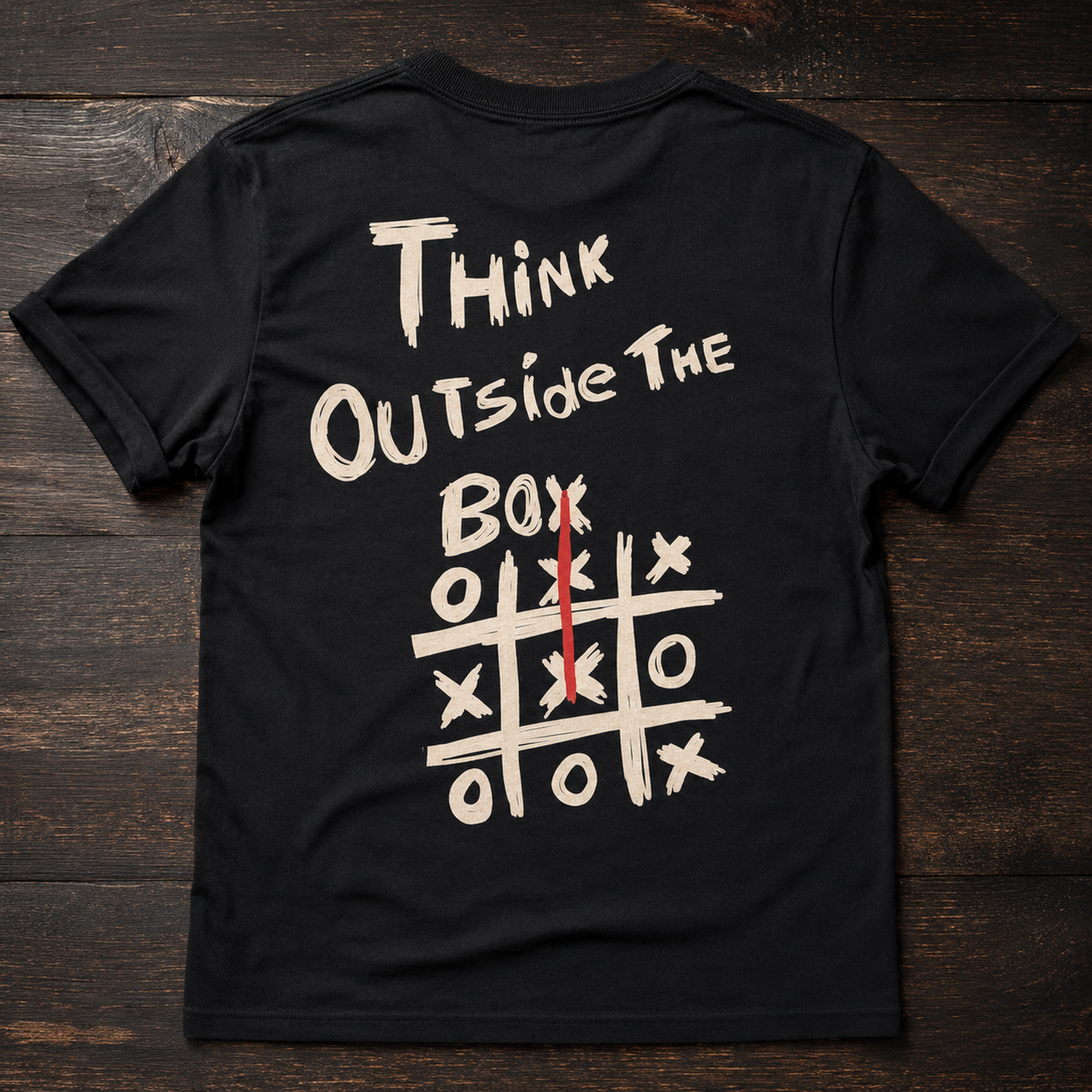 Ausgebreitetes schwarzes T-Shirt auf dunkler Holzoberfläche, vorne mit hellem „Think Outside the Box“-Print und Tic-Tac-Toe-Grafik mit rotem Strich.