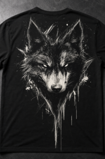 Schwarzes T-Shirt mit großem schwarz-weißem Wolfskopf auf der Vorderseite, auf dunklem Untergrund flach ausgelegt, Gothic Shirt im Wolf-Motiv.