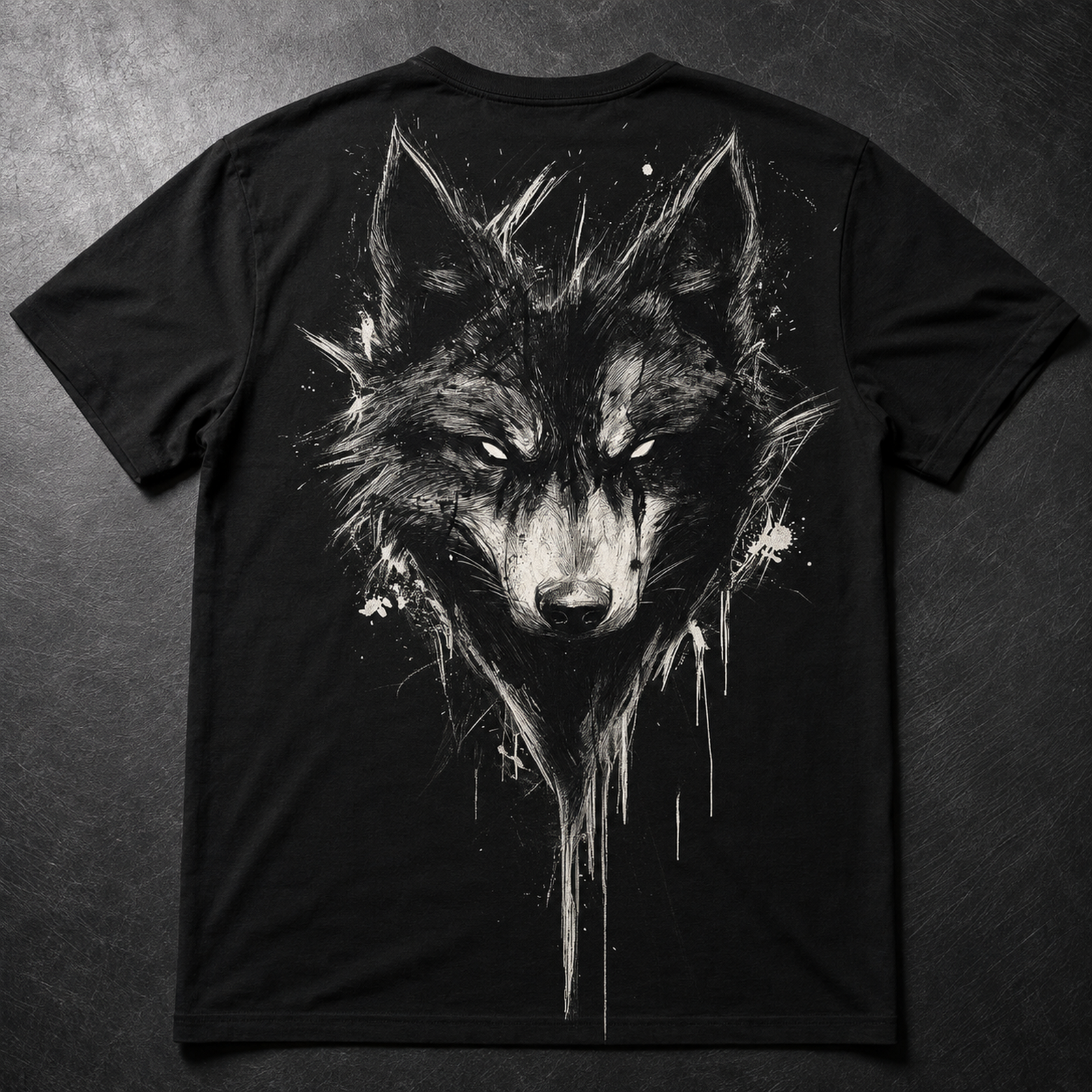 Schwarzes T-Shirt mit kontrastreichem Wolfskopf in Schwarzweiß, flach auf dunkler Oberfläche liegend, alternative shirt mit tier motiv.