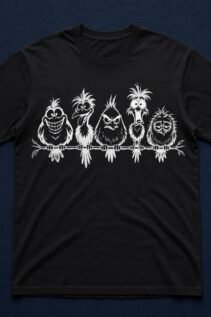 Schwarzes T-Shirt flach liegend mit weißem frechen Vögel-Motiv auf dunklem blauem Hintergrund, Produktansicht von vorn.