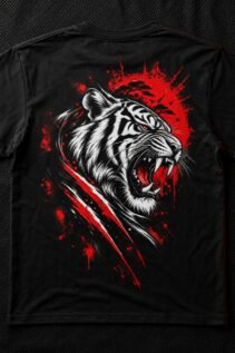 Schwarzes T-Shirt flach ausgelegt mit großem rotem Motiv und brüllendem Tiger im dunklen Splash-Design auf strukturierter Oberfläche.