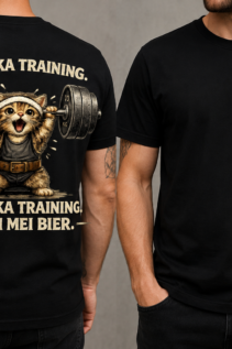 Lustiges Katzen Shirt mit Spruch 'Des is ka Training, i such mei Bier', Katze beim Gewichtheben, Front- und Backprint, individuell bedrucktes T-Shirt von WebZen