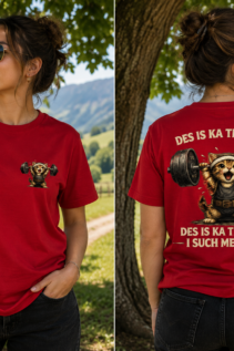 Lustiges Katzen Shirt mit Spruch 'Des is ka Training, i such mei Bier', Katze beim Gewichtheben, Front- und Backprint, individuell bedrucktes T-Shirt von WebZen