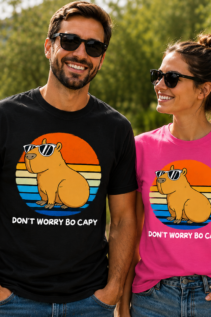 Pärchen trägt individuell bedruckte T-Shirts mit Sonnenuntergangs-Motiv, DTF-Druck von WebZen