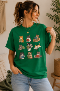 Lustiges Katzen Shirt – türkises T-Shirt mit lesenden Katzen Motiv