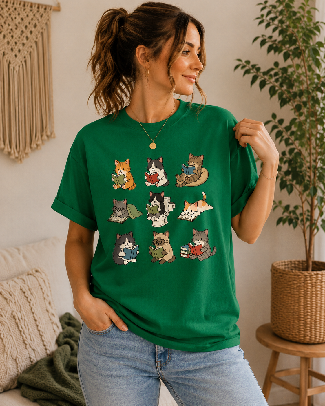 Lustiges Katzen Shirt – türkises T-Shirt mit lesenden Katzen Motiv