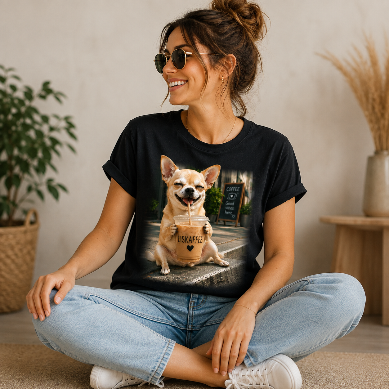 Lustiges Hunde Shirt Chihuahua Eiskaffee – bedrucktes T-Shirt mit Hundemotiv