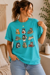 Lustiges Katzen Shirt – türkises T-Shirt mit lesenden Katzen Motiv
