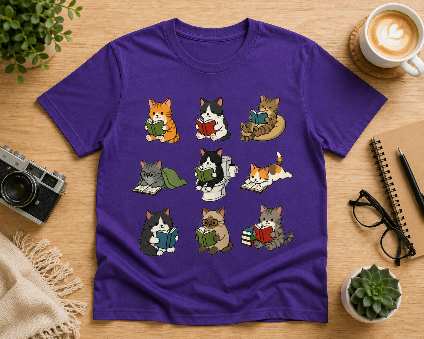 Lustiges Katzen Shirt – türkises T-Shirt mit lesenden Katzen Motiv