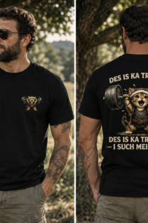 Lustiges Katzen Shirt mit Spruch 'Des is ka Training, i such mei Bier', Katze beim Gewichtheben, Front- und Backprint, individuell bedrucktes T-Shirt von WebZen
