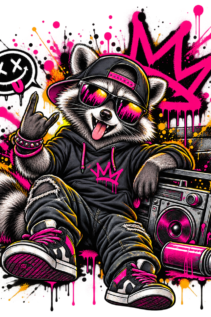 Freigestelltes T-Shirt-Design mit Rapper-Waschbär in schwarzem Hoodie, Cap und Sonnenbrille vor pinken Graffiti-Sprays und Boombox, Neon-Graffiti-Style.