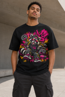 Schwarzes T-Shirt an einem Mann im urbanen Außenbereich, vorne mit großem Rapper-Waschbär-Motiv in Pink, Schwarz und Gelb, lässig im Streetwear-Look getragen.