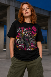 Schwarzes T-Shirt an einer Frau in einer Tiefgarage bei Dämmerung, mit auffälligem Rapper-Waschbär-Print in Pink und Gelb im Streetart-Stil.