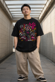 Schwarzes T-Shirt an einem Mann in einem hellen Gang, vorne mit farbigem Graffiti-Tiermotiv eines Rapper-Waschbären mit Boombox und pinken Details.