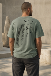 Mann von hinten trägt ein graugrünes T-Shirt mit schwarzem Feder- und Vogeldesign in einer minimalistischen Architekturkulisse, geschenk für ihn