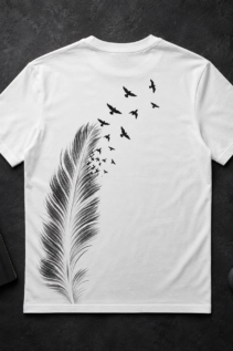 Weißes T-Shirt flach liegend auf dunklem Hintergrund mit schwarzem Feder- und Vogelmotiv, Einzelprodukt für Herren und Damen, elegantes shirt