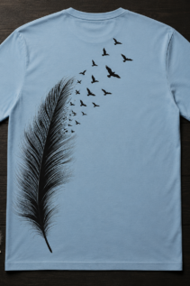 Hellblaues T-Shirt flach liegend auf dunklem Holz, vorne keine Person sichtbar, schwarzes Feder- und Vogelmotiv als Produktansicht, schlichtes shirt