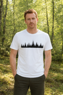 Mann steht im Wald und trägt ein weißes T-Shirt mit schwarzer Wald-Silhouette auf der Vorderseite.