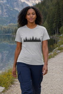 Frau geht an einem Seeufer entlang und trägt ein hellgraues T-Shirt mit schwarzer Wald-Silhouette.