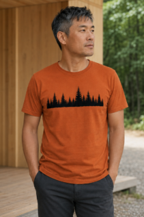 Mann steht vor einer Holzterrasse im Wald und trägt ein orangefarbenes T-Shirt mit schwarzer Wald-Silhouette.