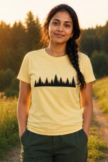 Frau steht auf einem Waldweg im warmen Abendlicht und trägt ein gelbes T-Shirt mit schwarzer Wald-Silhouette.