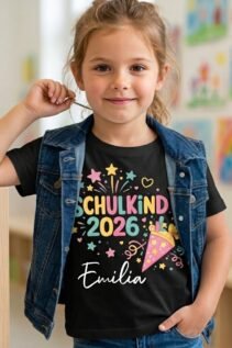 Schulkind 2026 Shirt personalisiert mit Namen – buntes T-Shirt zur Einschulung