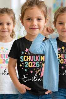 Schulkind 2026 Shirt personalisiert mit Namen – buntes T-Shirt zur Einschulung