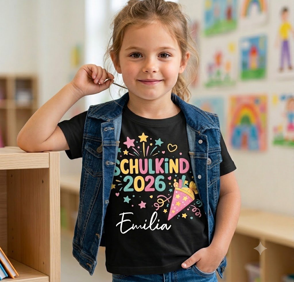 Schulkind 2026 Shirt personalisiert mit Namen – buntes T-Shirt zur Einschulung