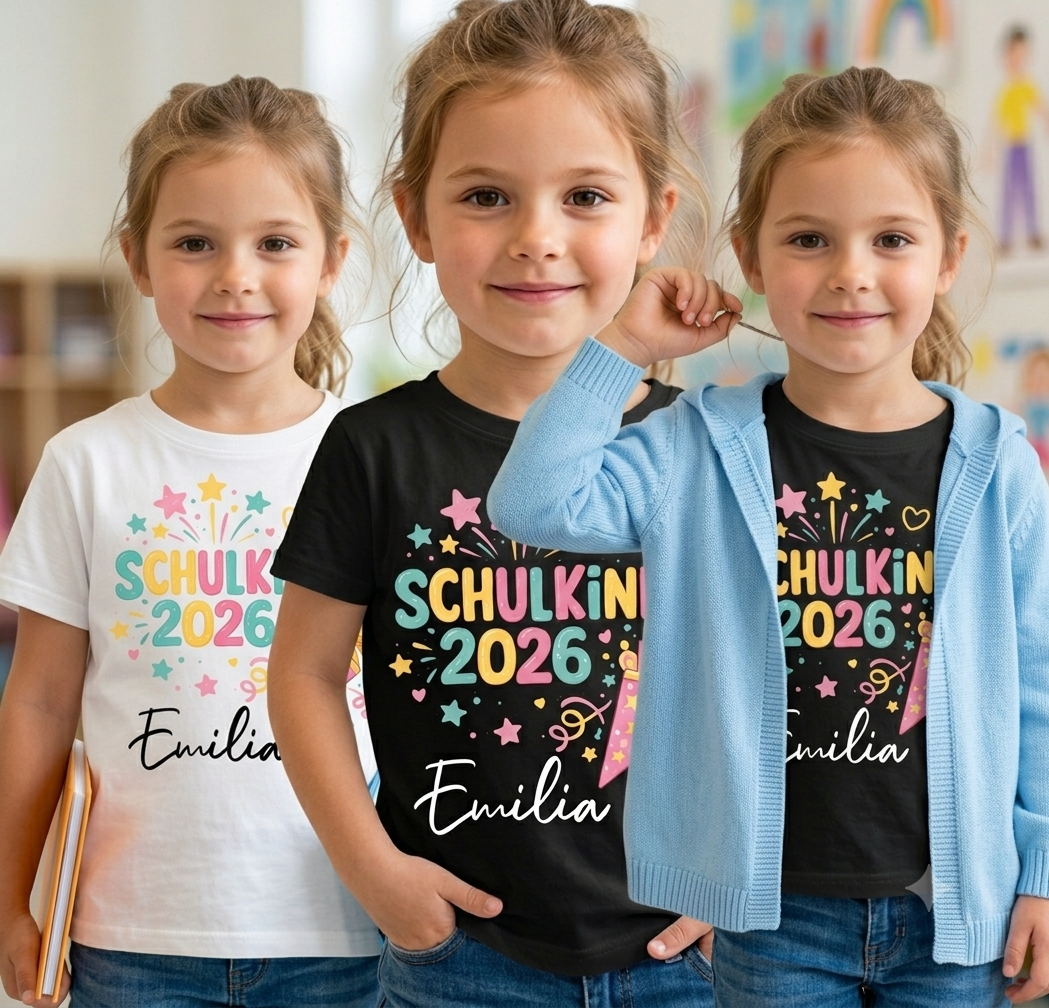 Schulkind 2026 Shirt personalisiert mit Namen – buntes T-Shirt zur Einschulung