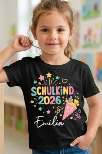 Schulkind 2026 Shirt personalisiert mit Namen – buntes T-Shirt zur Einschulung
