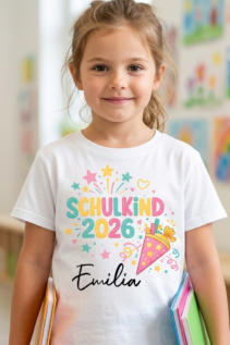 Schulkind 2026 Shirt personalisiert mit Namen – buntes T-Shirt zur Einschulung