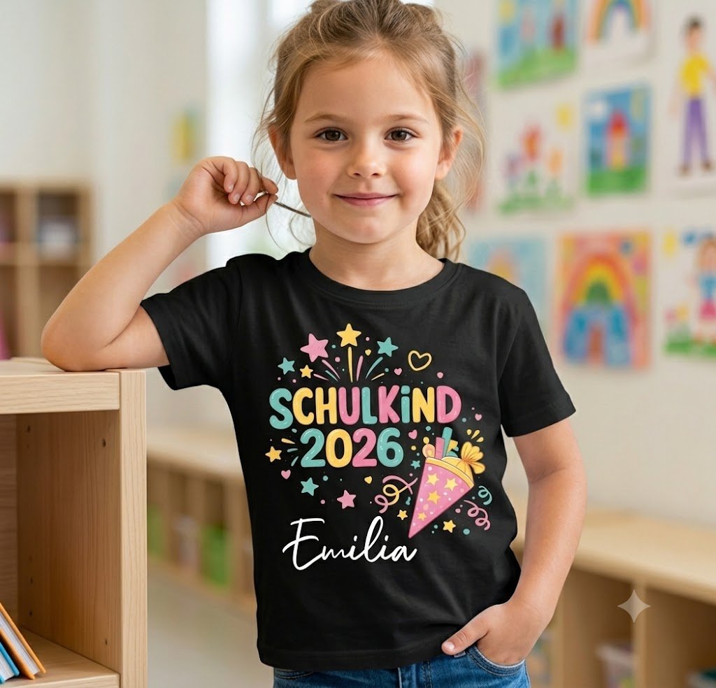 Schulkind 2026 Shirt personalisiert mit Namen – buntes T-Shirt zur Einschulung