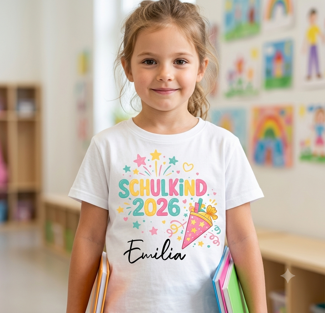 Schulkind 2026 Shirt personalisiert mit Namen – buntes T-Shirt zur Einschulung